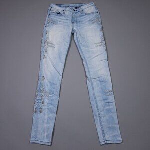 Robins Jeans Womens Chapa Indigo Light Wash Embroidered Designer Jeans 27x31